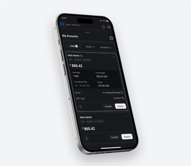 Smartphone showing the FXT CFD trading platform app with live account balance, leverage, and margin details